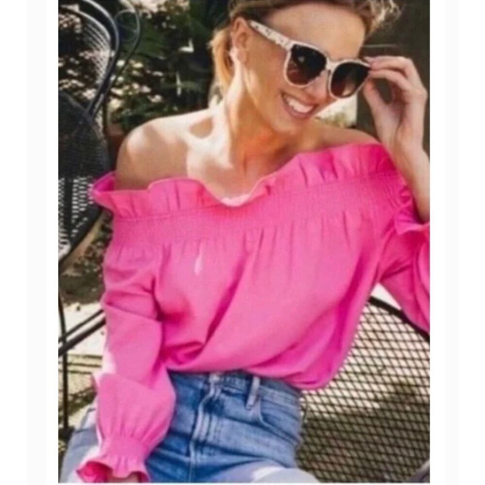 Tuckernuck Ruffled Off the Shoulder Marguerite Long Sleeve Blouse - Size S Pink